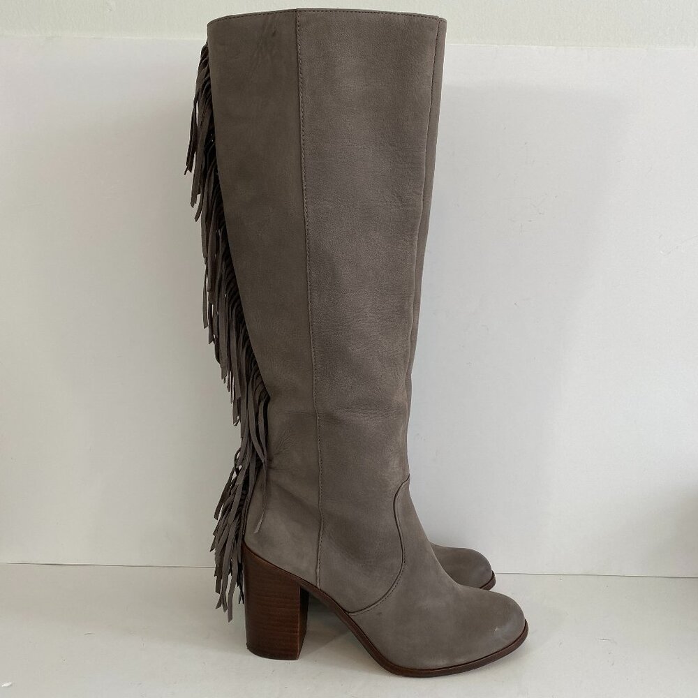 Gianni Bini Back Drop Grey Leather Knee High Heeled Fringed Riding Boots 7.5
